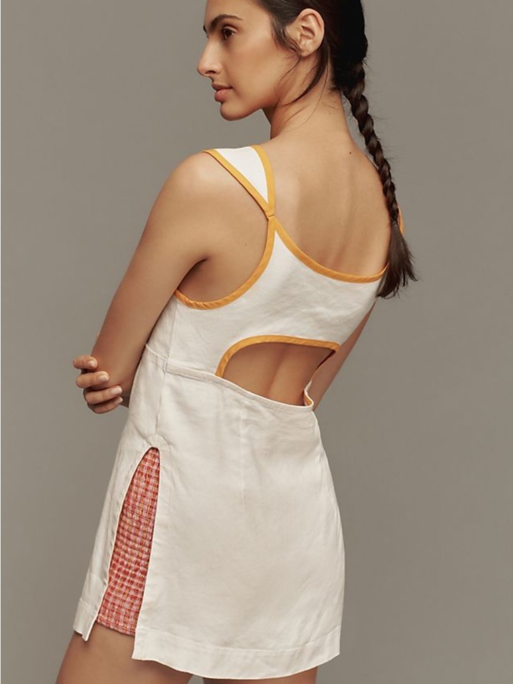 By Anthropologie Linen Cutout Button-Front Tank in White/Orange